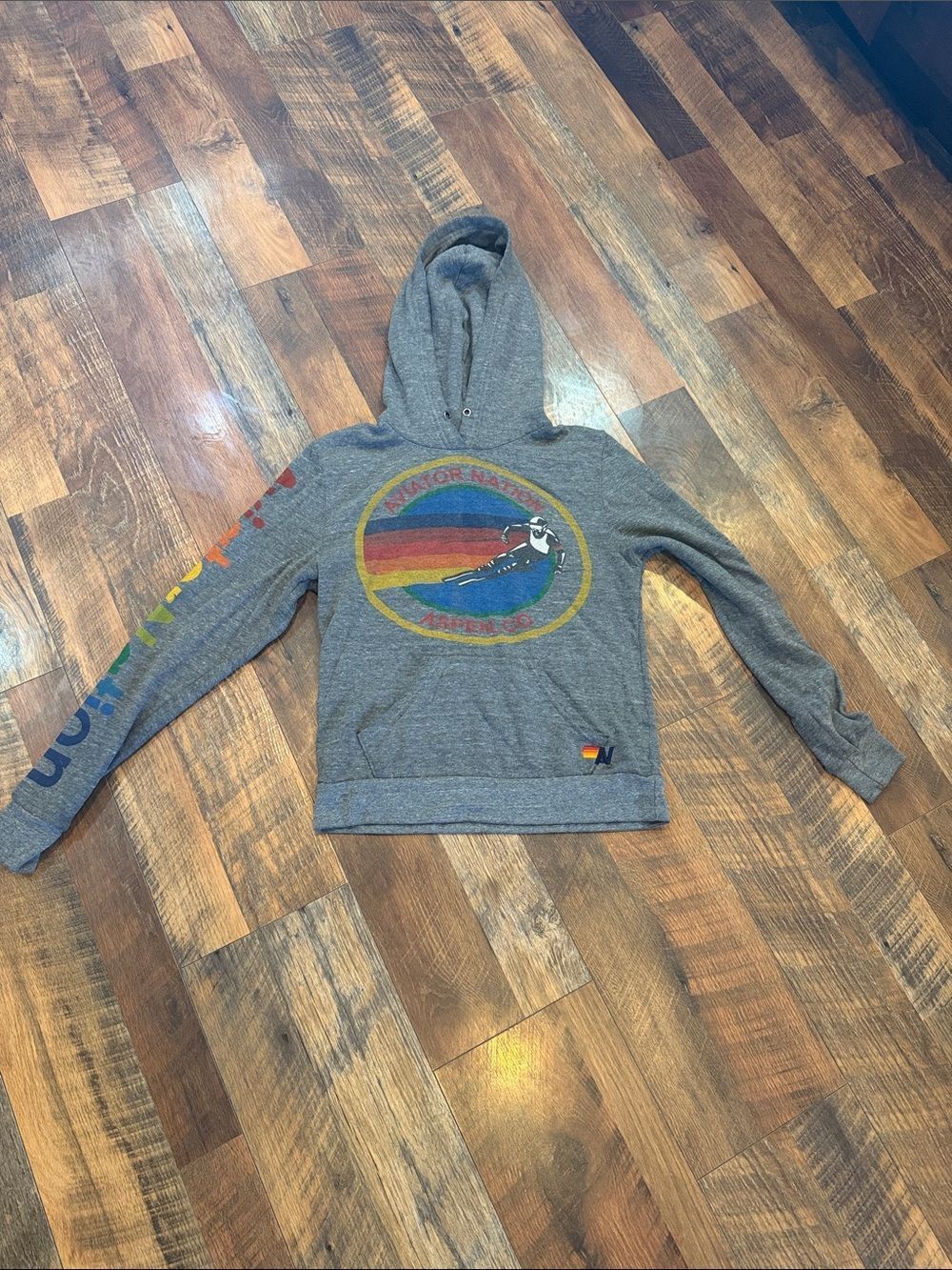 Aviator Nation Gray Hoodie with Rainbow Logo